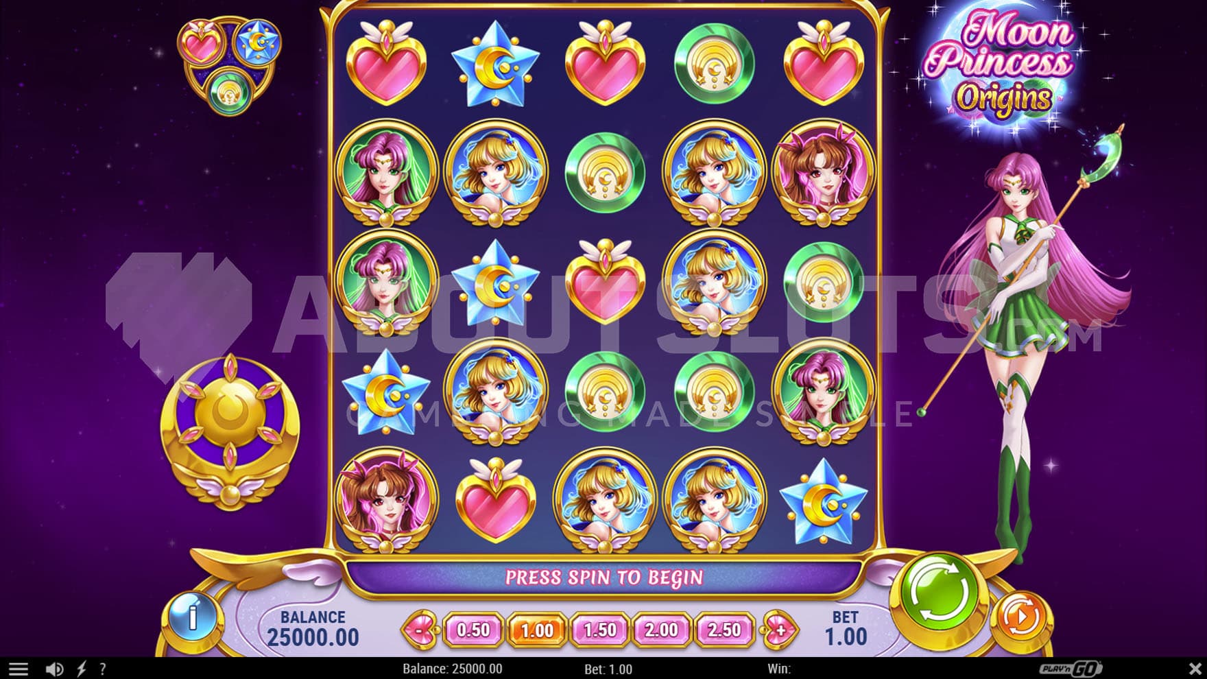 Base Game view of a 5x5 grid on a space backdrop and with one of 3 princesses standing on the right.