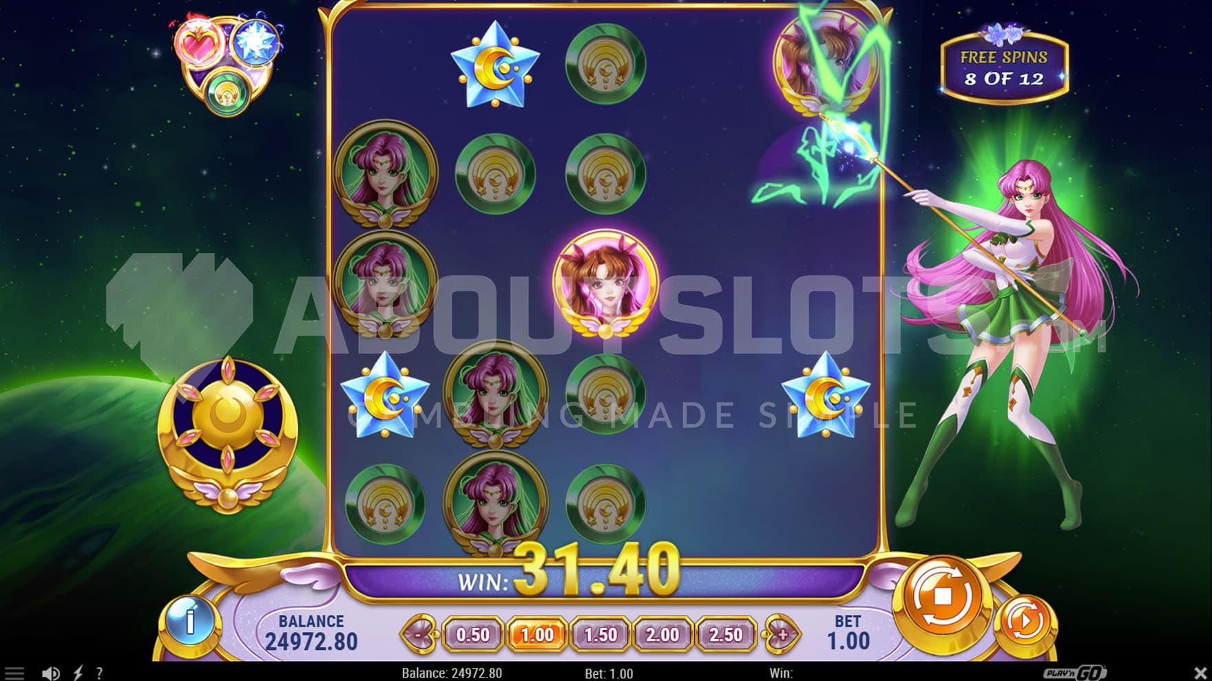 Free Spins bonus in progress, showing the Star feature triggered and multiple charges active in the Power Indicator.