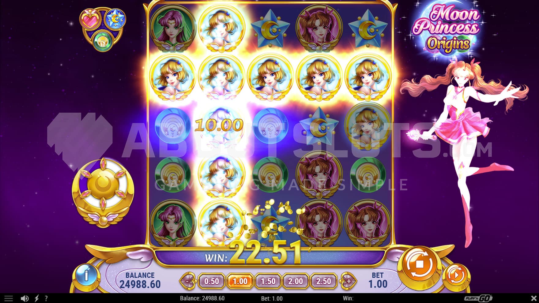 Trinity feature in progress, showing Love power triggered that converted multiple symbols into the Star princess symbol.