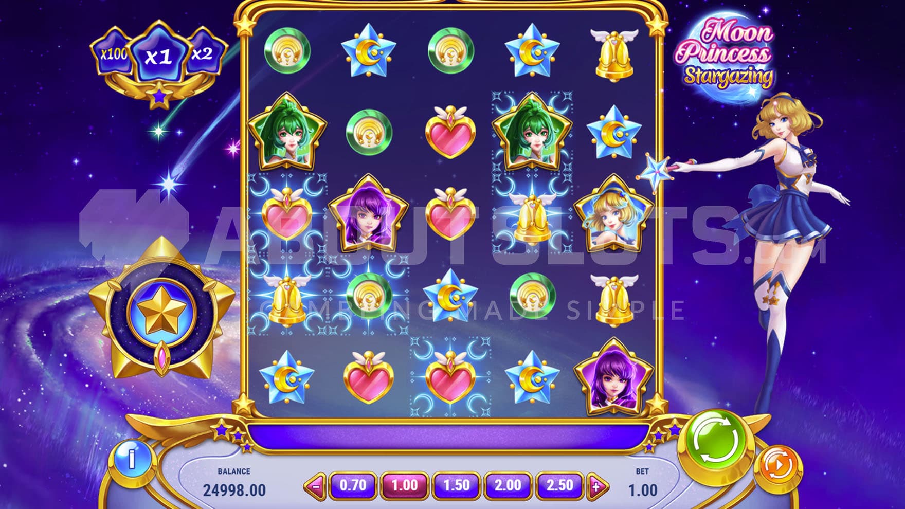 Base Game view of a 5x5 grid on a backdrop of space with a visible galaxy and a moon princess hero on the right.