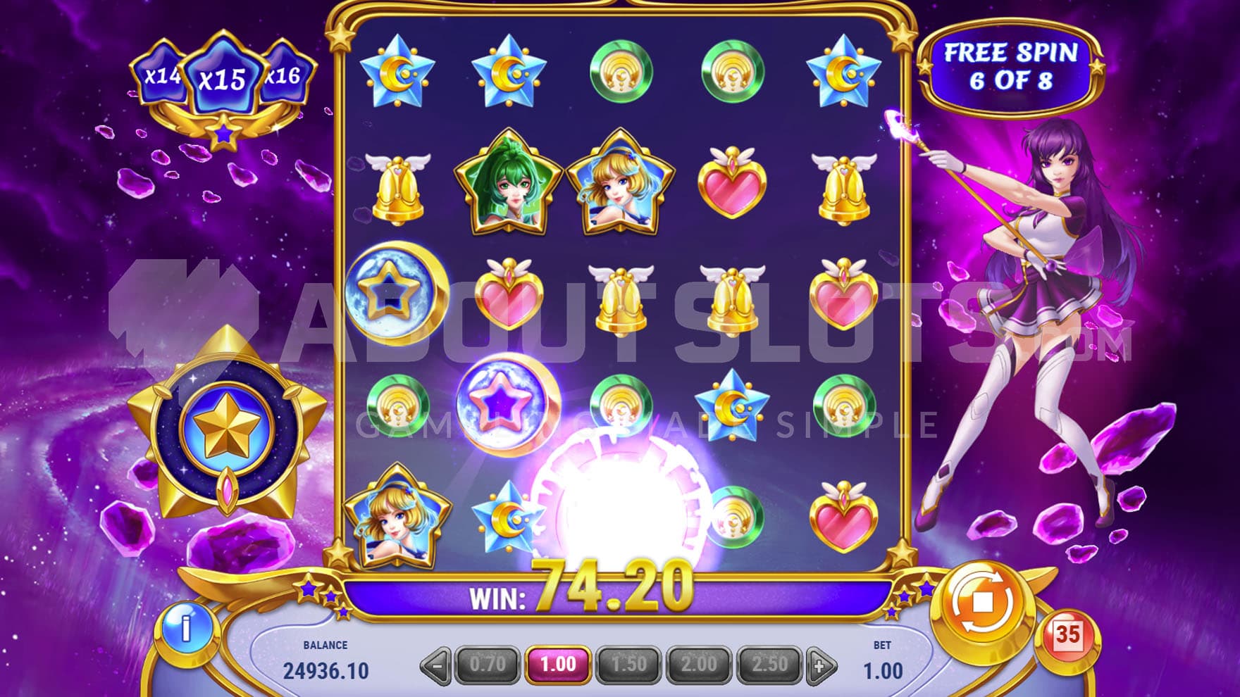 Free Spins bonus in progress, showing the princess feature generating 3 Wilds in a diagonal line and multiplier built up to x15.