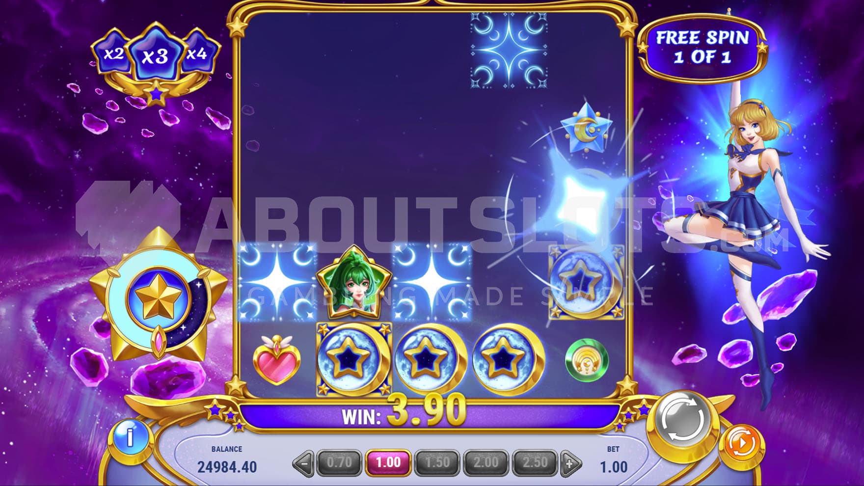 Resonance Feature triggered in the base game, showing mostly cleared grid and one of the girl powers being triggered.