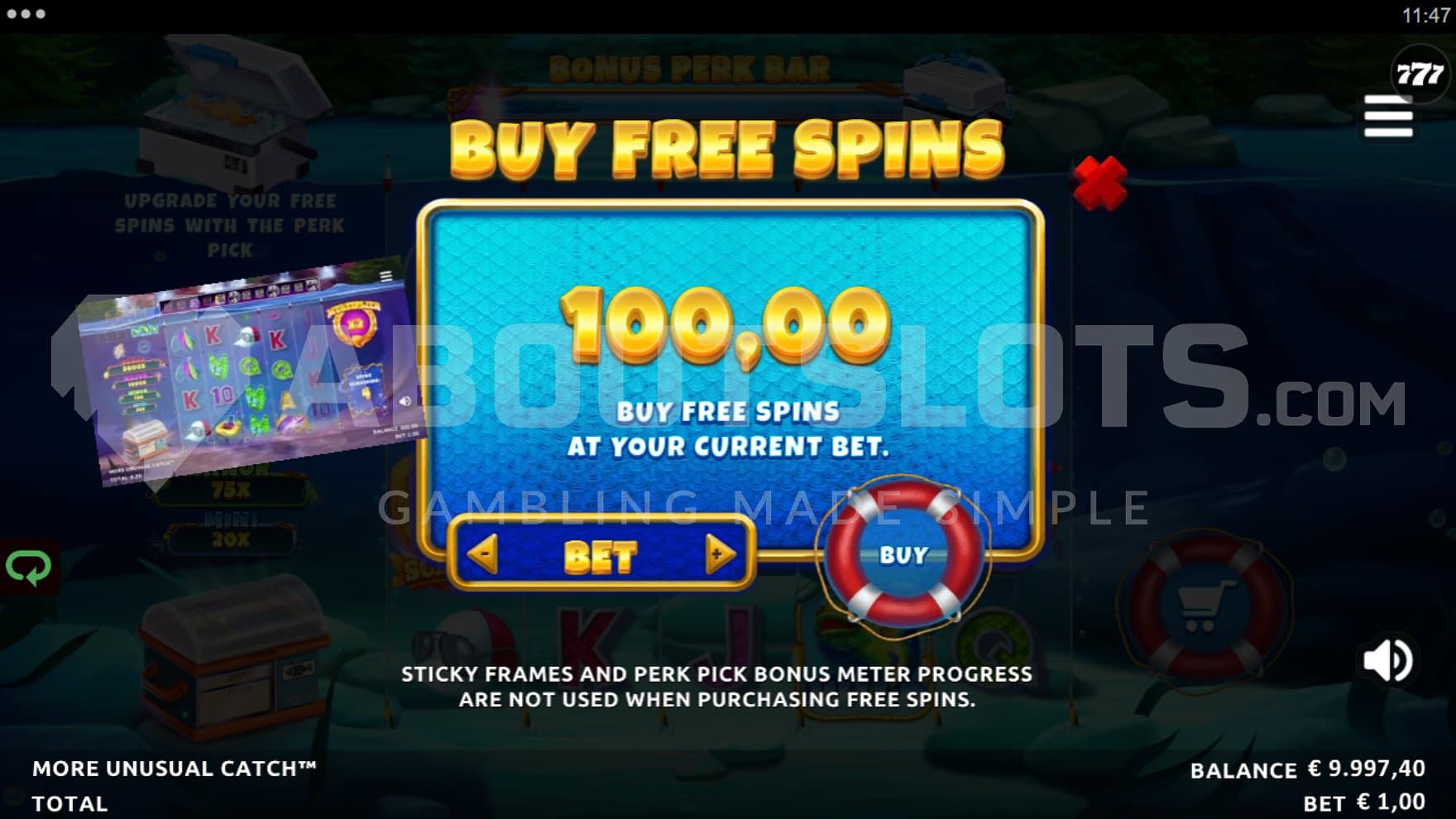 A screen offering the Free Spins for 100x the bet.