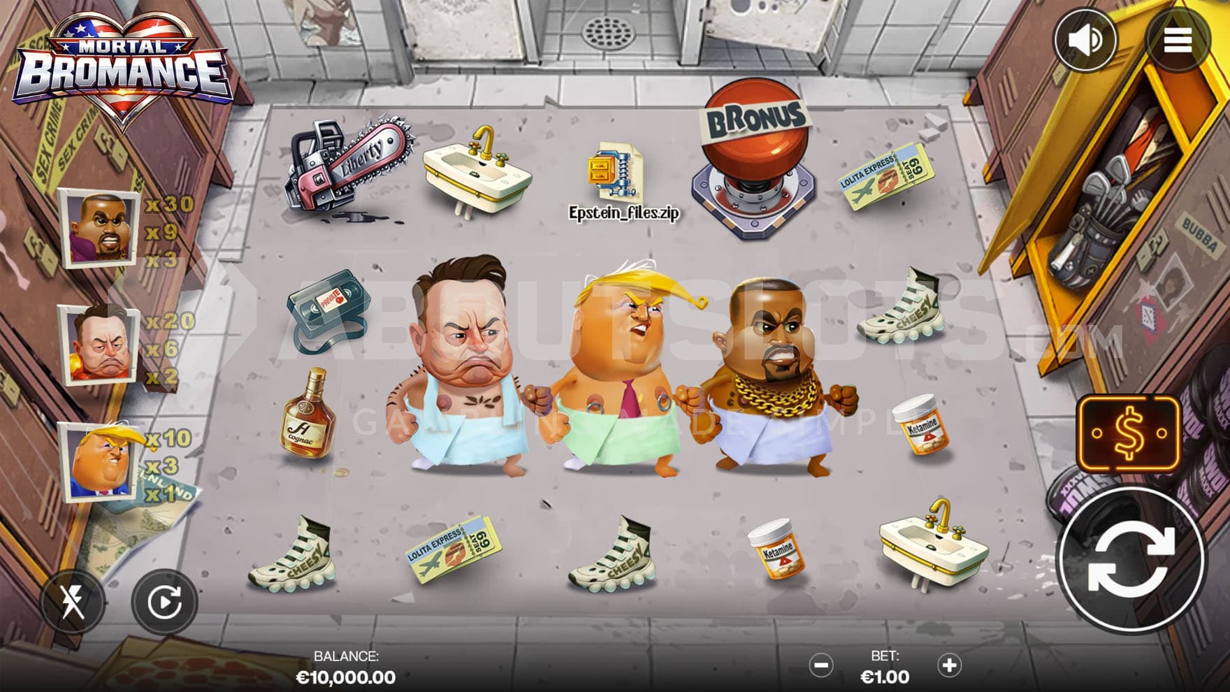 Base Game view of a 5x4 grid on a backdrop of a messy locker room with reels distributed on its floor.