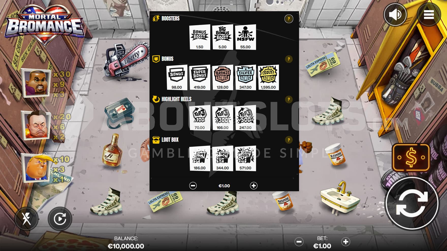 Feature Buy menu showing all options for enhanced spins and instant bonus triggers.