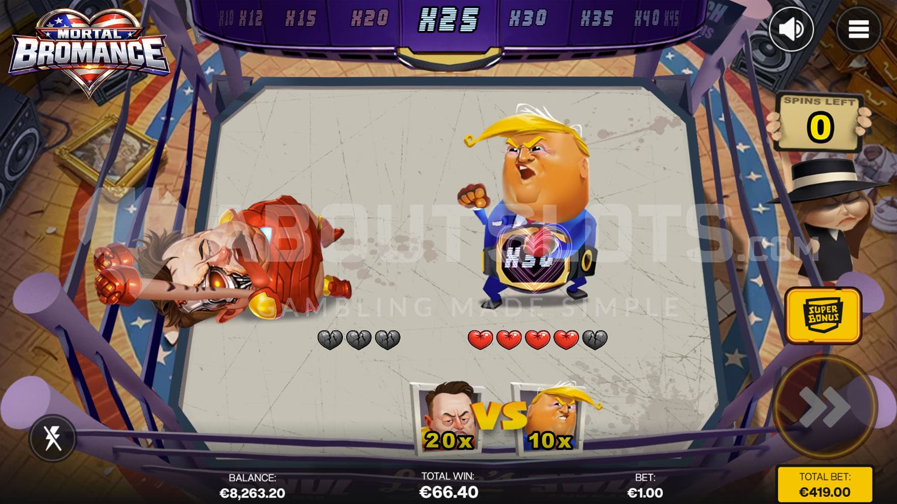 Super Bronus Game in progress, showing two fighters in the ring, one of them knocked out and defeated.