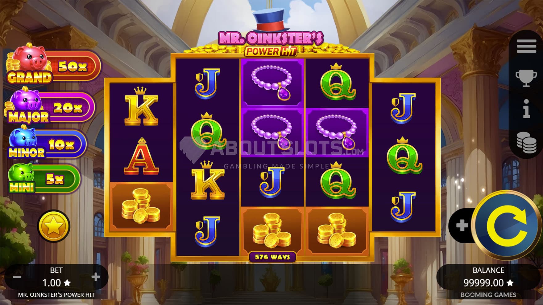 Base Game screenshot of a 5-reel grid on a backdrop of a luxurious mansion.
