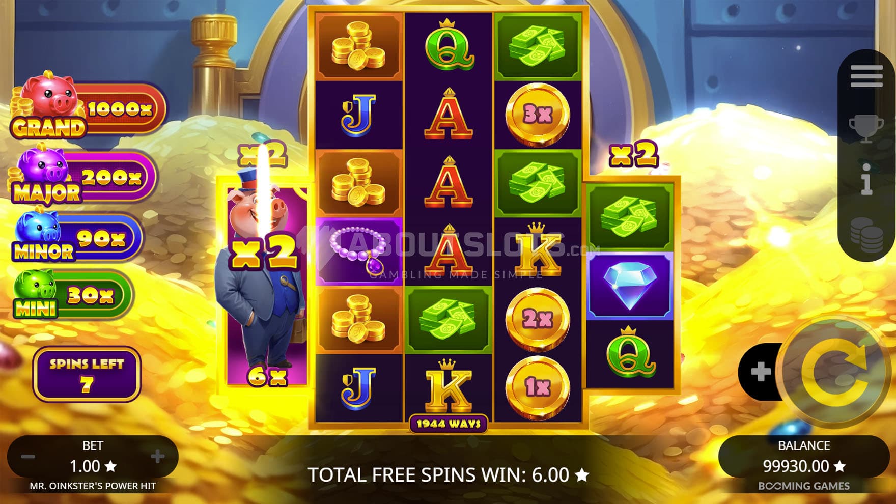 Free Spins in progerss, showing a Collect symbol expanded on reel 1 with a multiplier of x2.