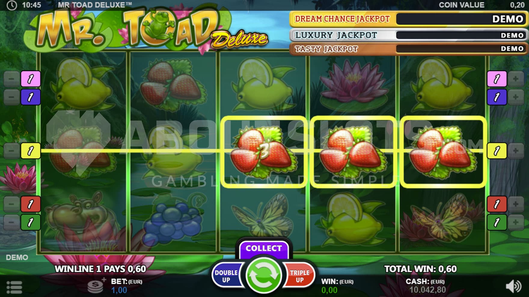 Base Game view of a 5x3 grid on a backdrop of a pond and a win on the reels starting from the right side of the panel to illustrate the "pay both ways" mechanism.