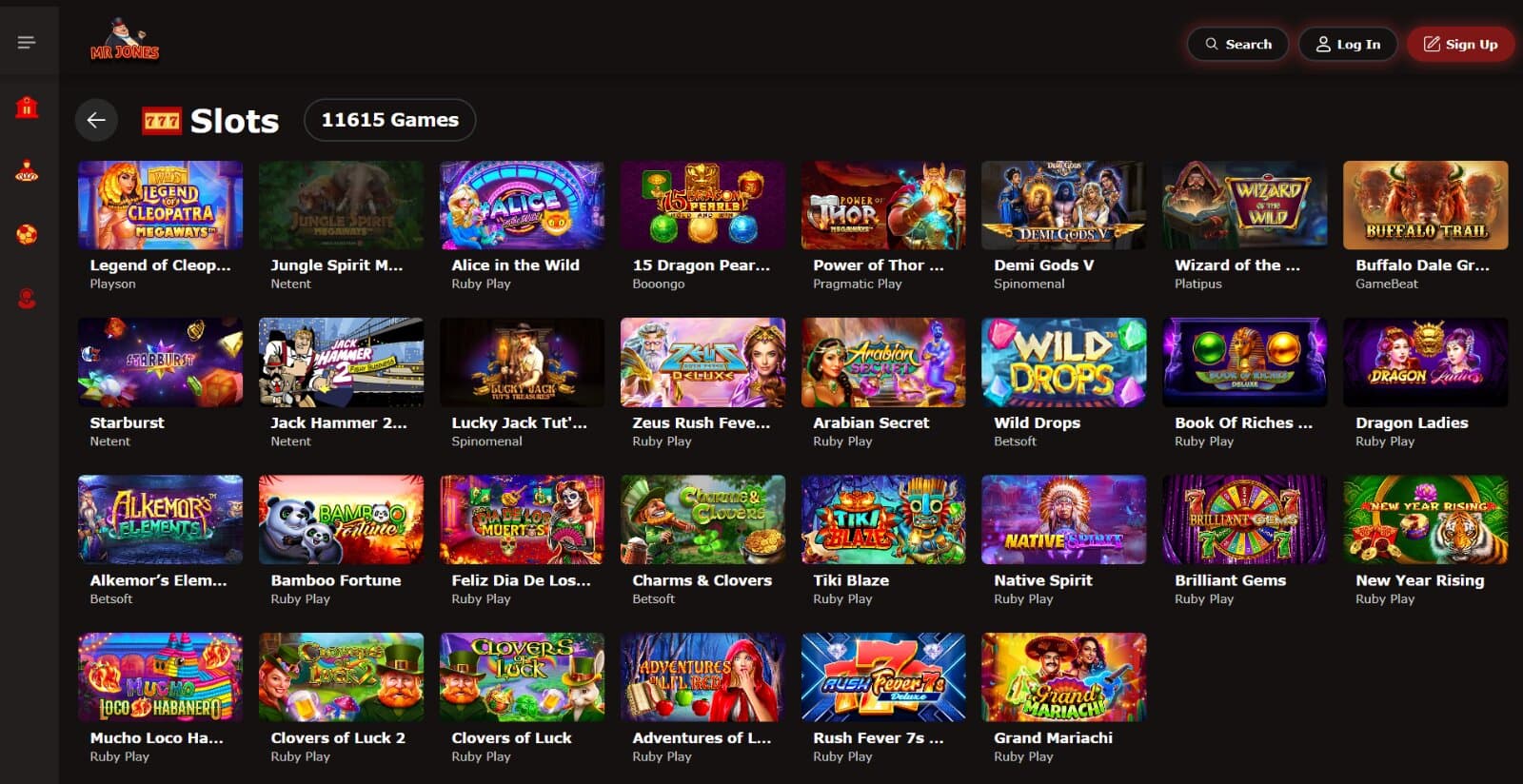 MrJones Casino's games page featuring the slot lobby with multiple colourful icons