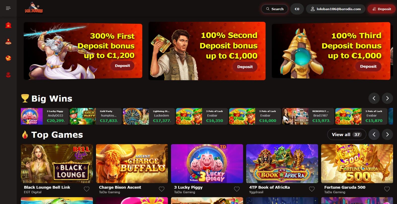 MrJones Casino's landing page displaying the welcome package cards, biggest wins, and top slot games available