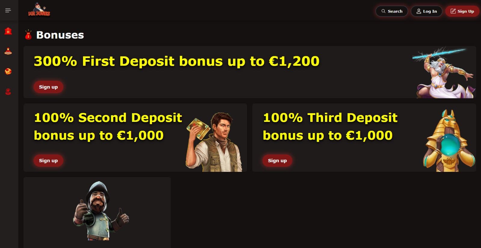 MrJones Casino's promotions page featuring the welcome bonus match deposits with their respective slot banners