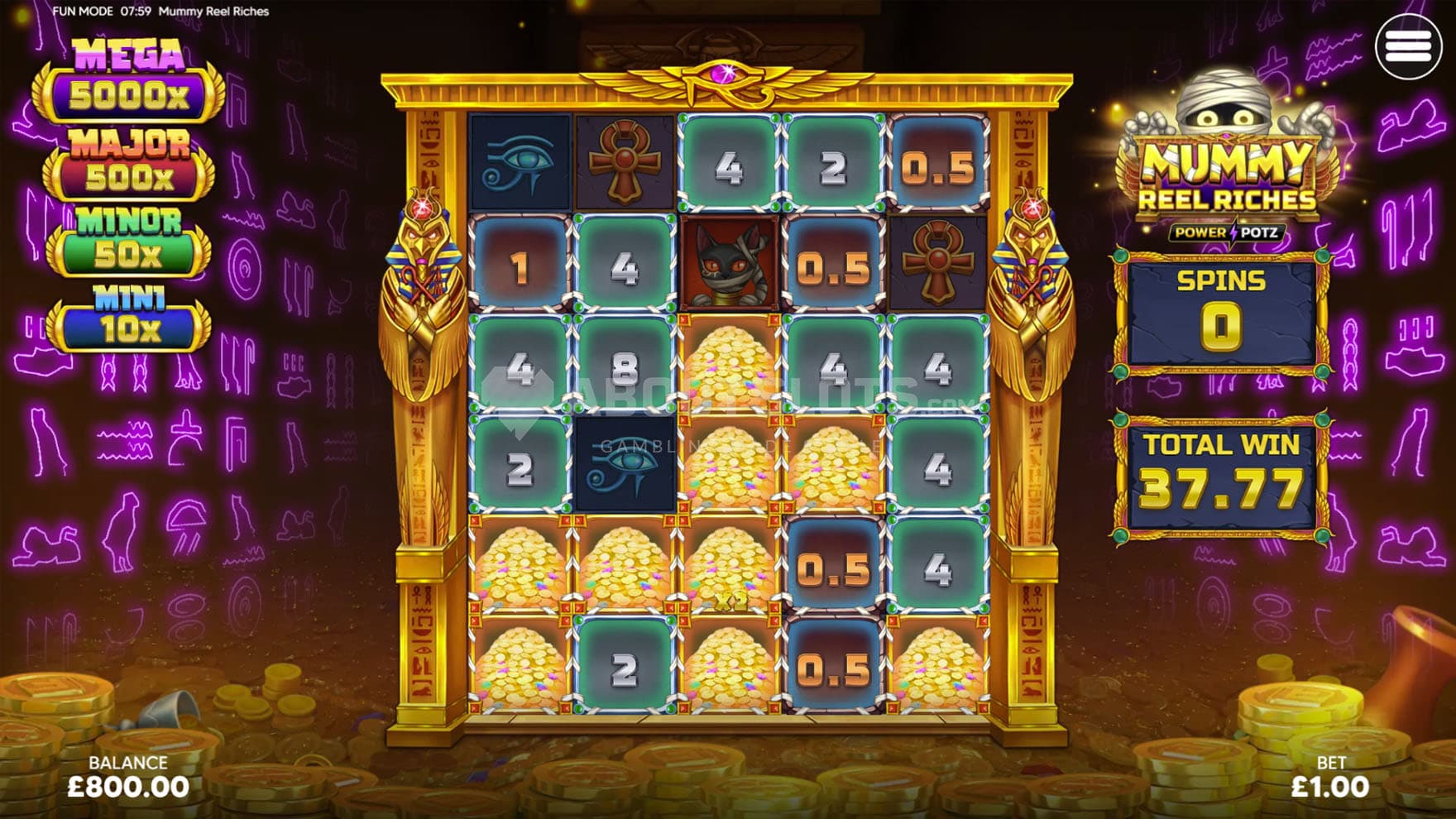 Free Spins bonus in progress, showing multiple positions covered with frames which generate cash prizes.