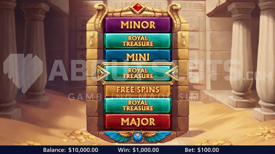 A wheel displaying Jackpots, Free Spins, and the Royal Treasure Feature.