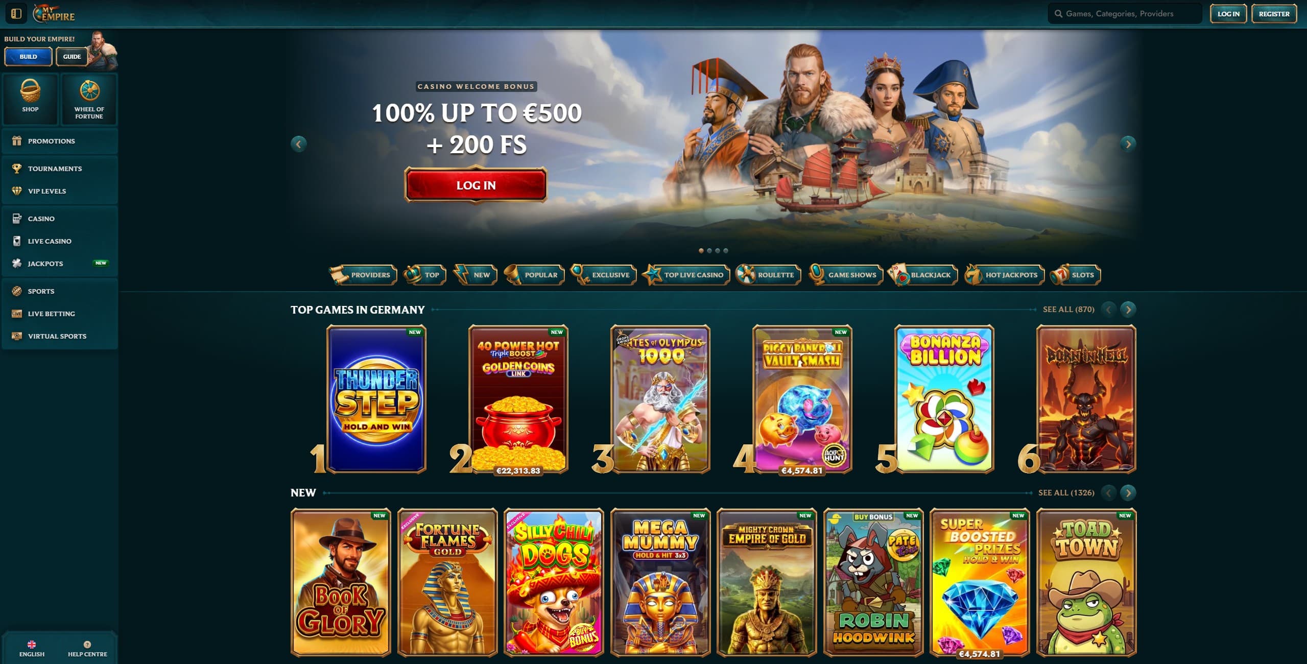 MyEmpire Landing Page showing a selection of casino games and the main menu