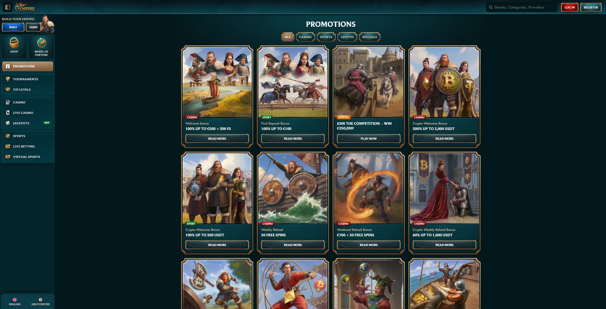 MyEmpire Promotions Page showing the available bonuses and promotions on the platform