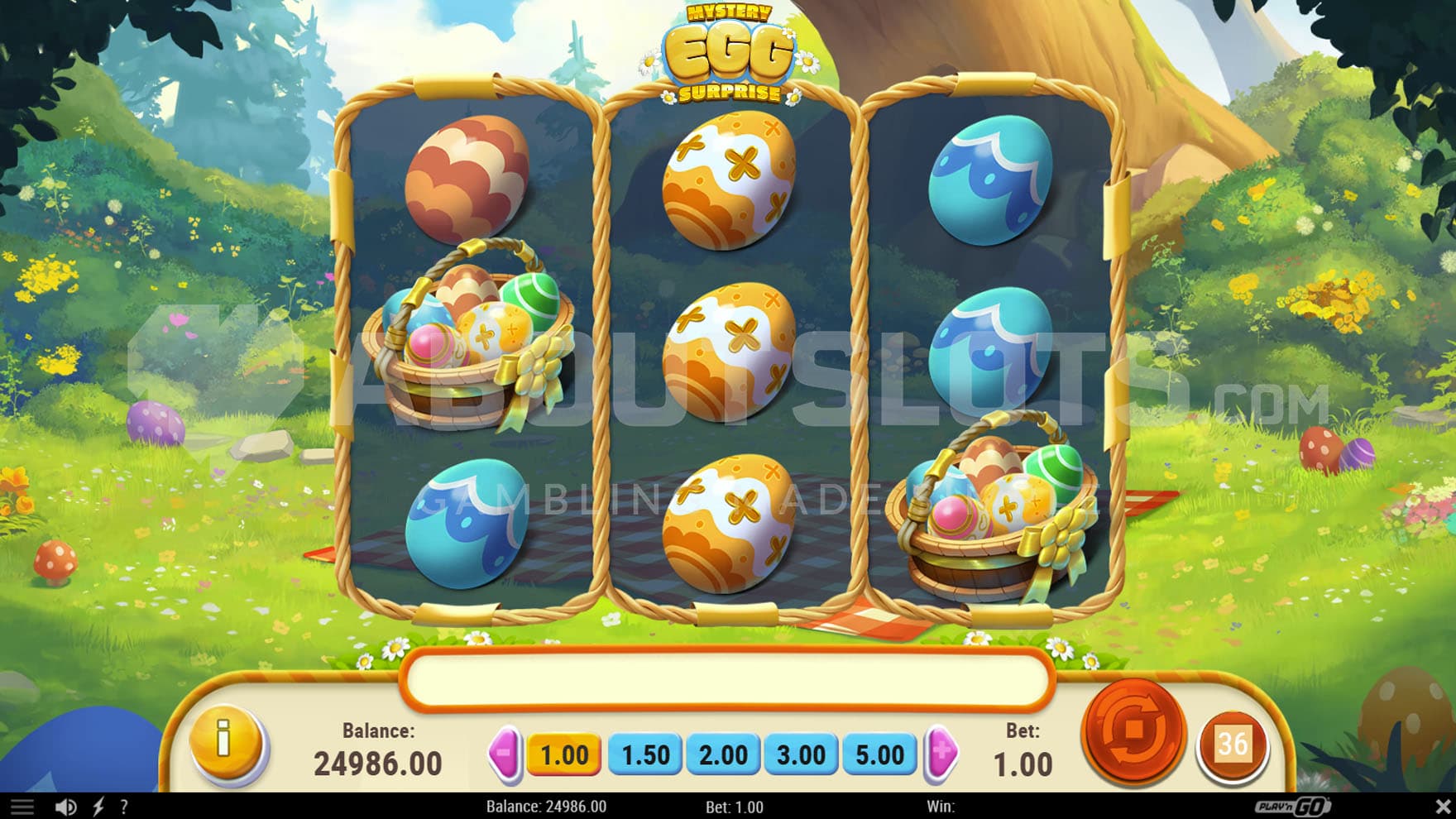 Base Game view of a 3x3 grid filled with Easter eggs on a backdrop of a vibrant forest.