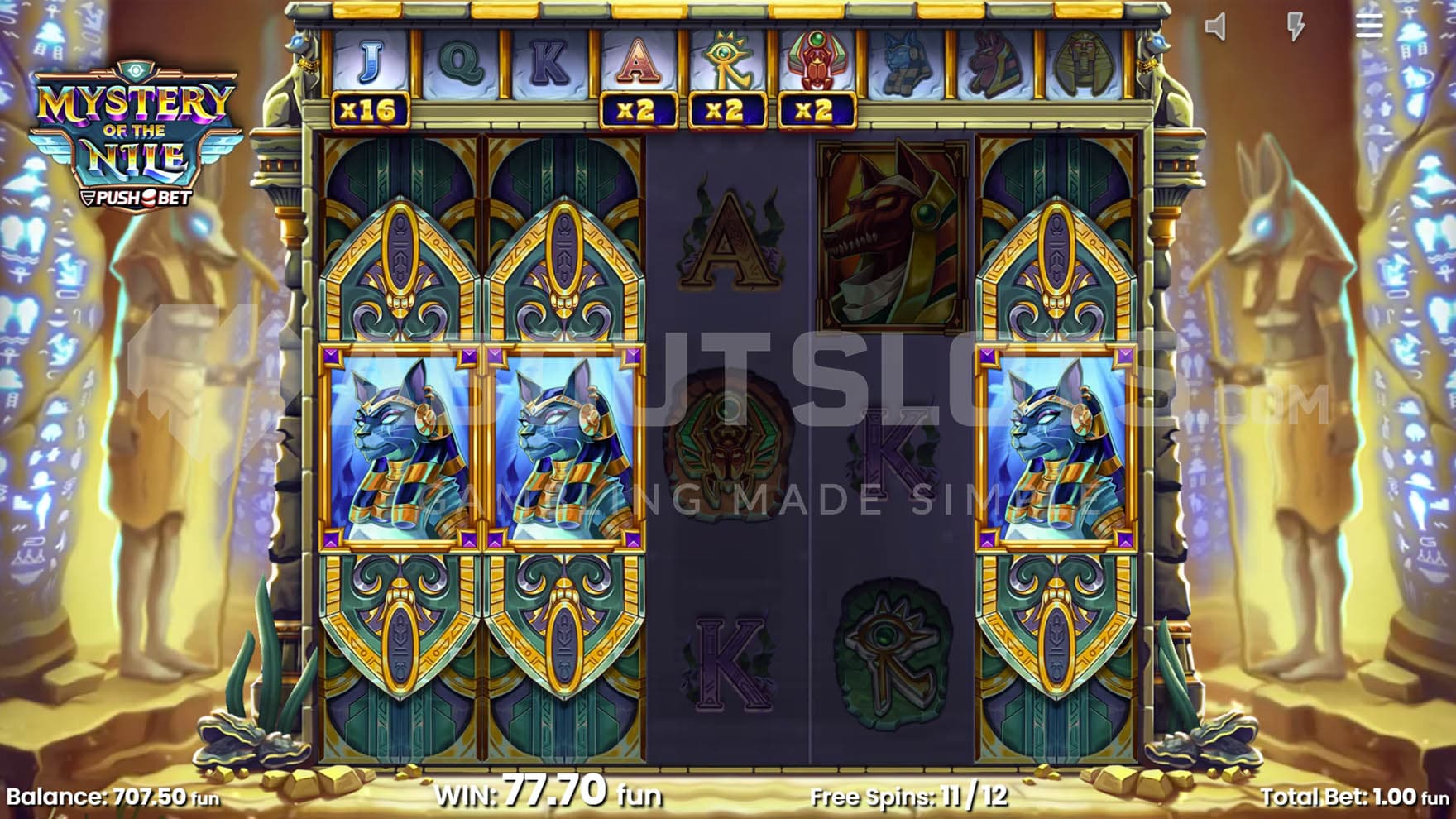 Free Spins in progress with 3 Mystery Stacks on reels 1, 2, and 5 and several symbols with active multipliers.