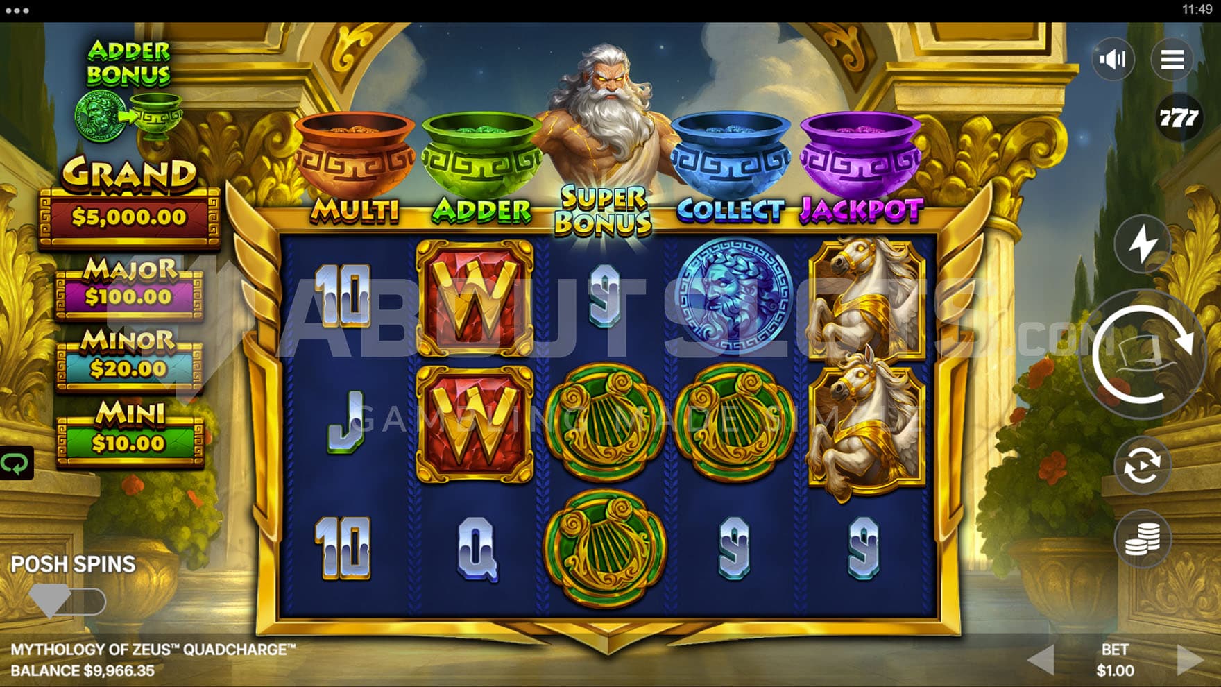 Base Game view of a 5x3 grid on a backdrop of ancient Greek temple, with Zeus emerging from behind the reels.