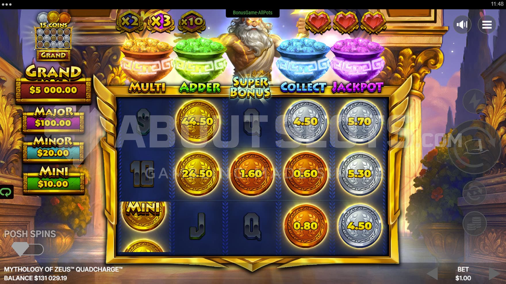 Bonus Game in progress, showing all four modifiers activated and multiple different coins with cash prizes locked on the grid.