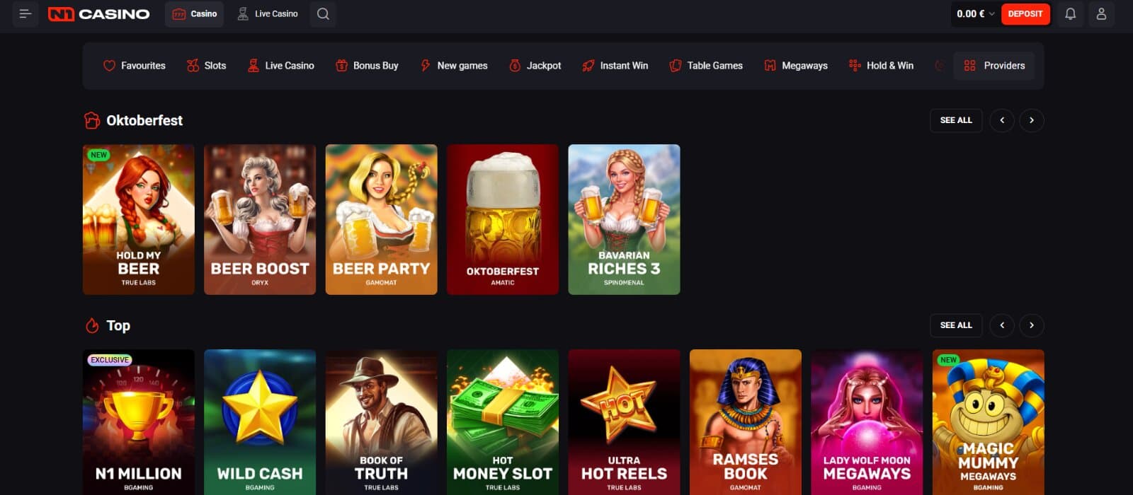 The games page of N1 Casino displays Oktoberfest theme games like Hold My Beer and Beer Boost.