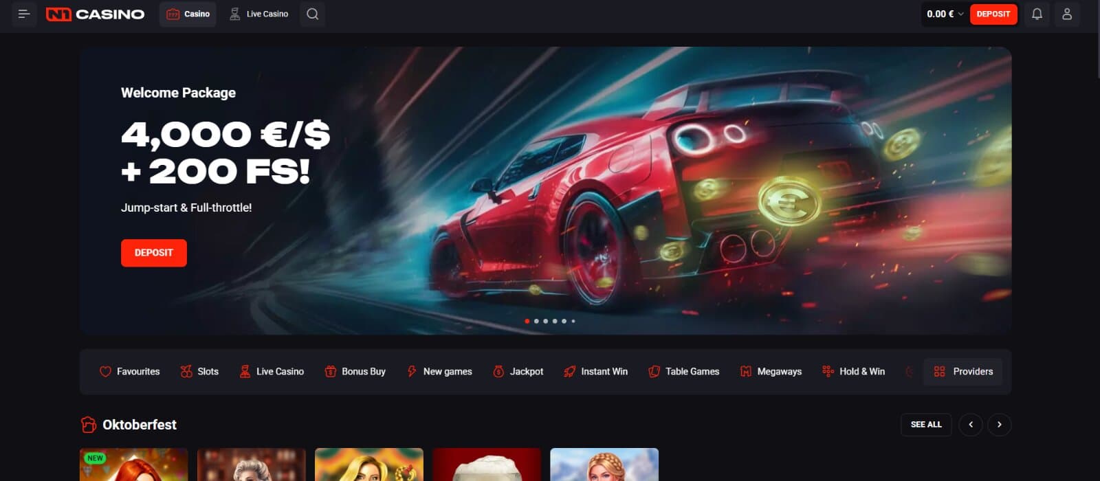 The landing page of N1 Casino showcases the welcome package of up to €4,000 and 200 free spins.