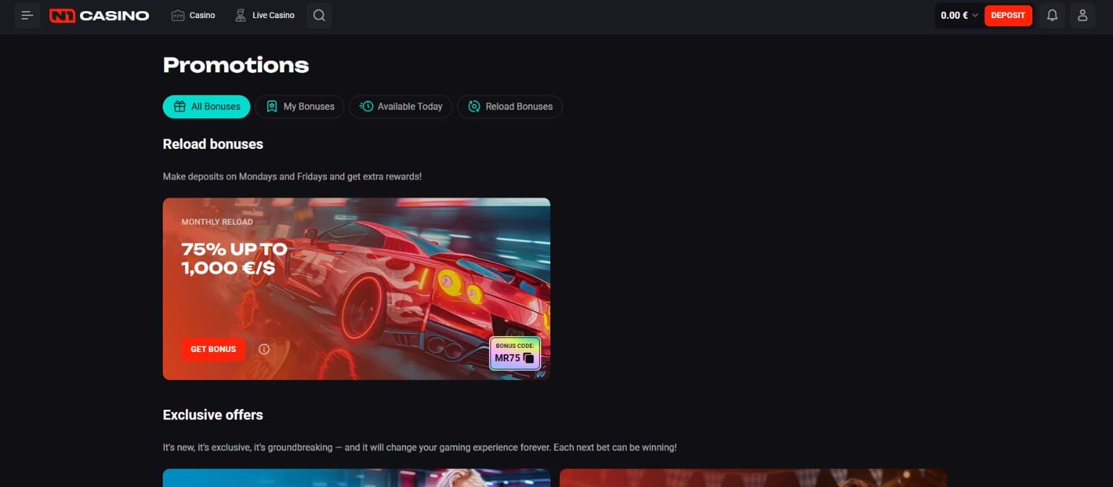 The promotions page of N1 Casino displays the reload bonuses.