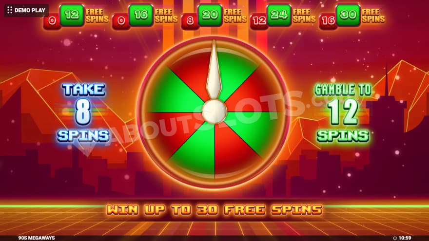 Intro for the free spins feature where you can see a gamble wheel.