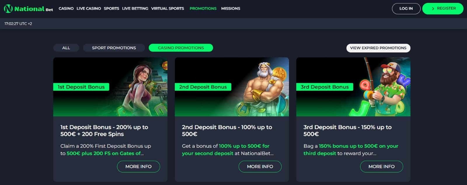 NationalBet Casino promotions page featuring three part deposit welcome bonus of 1500 euro and 200 free spins
