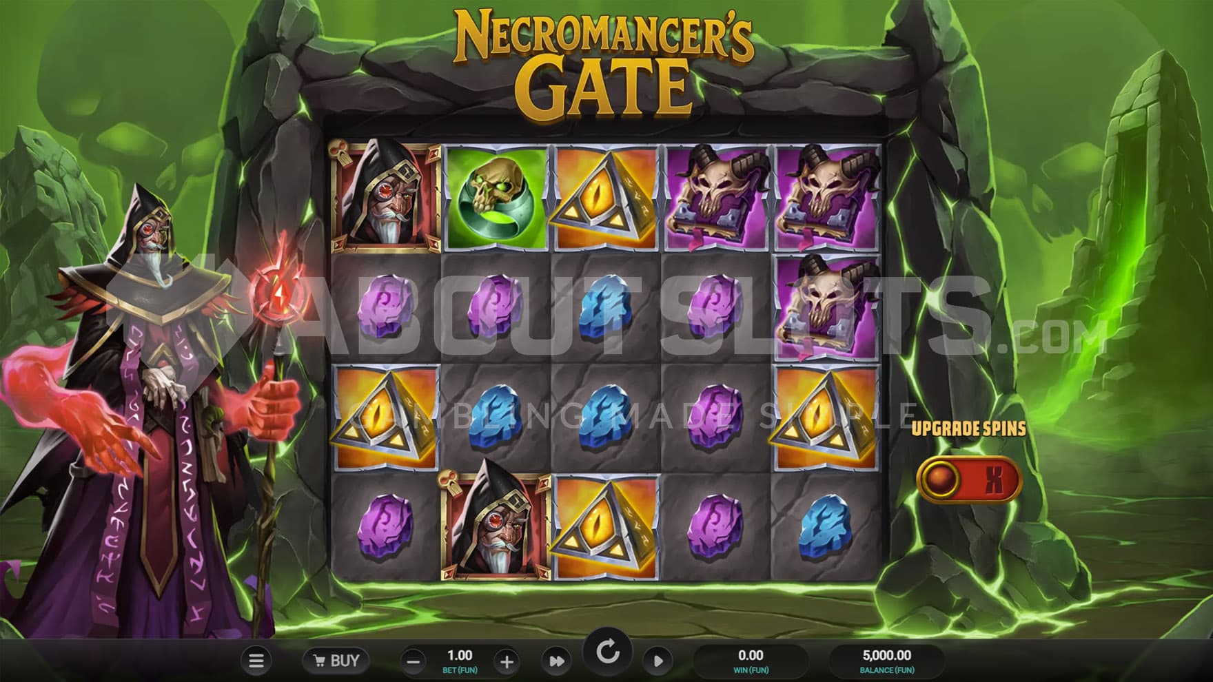 Base Game view of a 5x4 grid on a backdrop of an underworld covered with green mist, with a necromancer standing on the left.