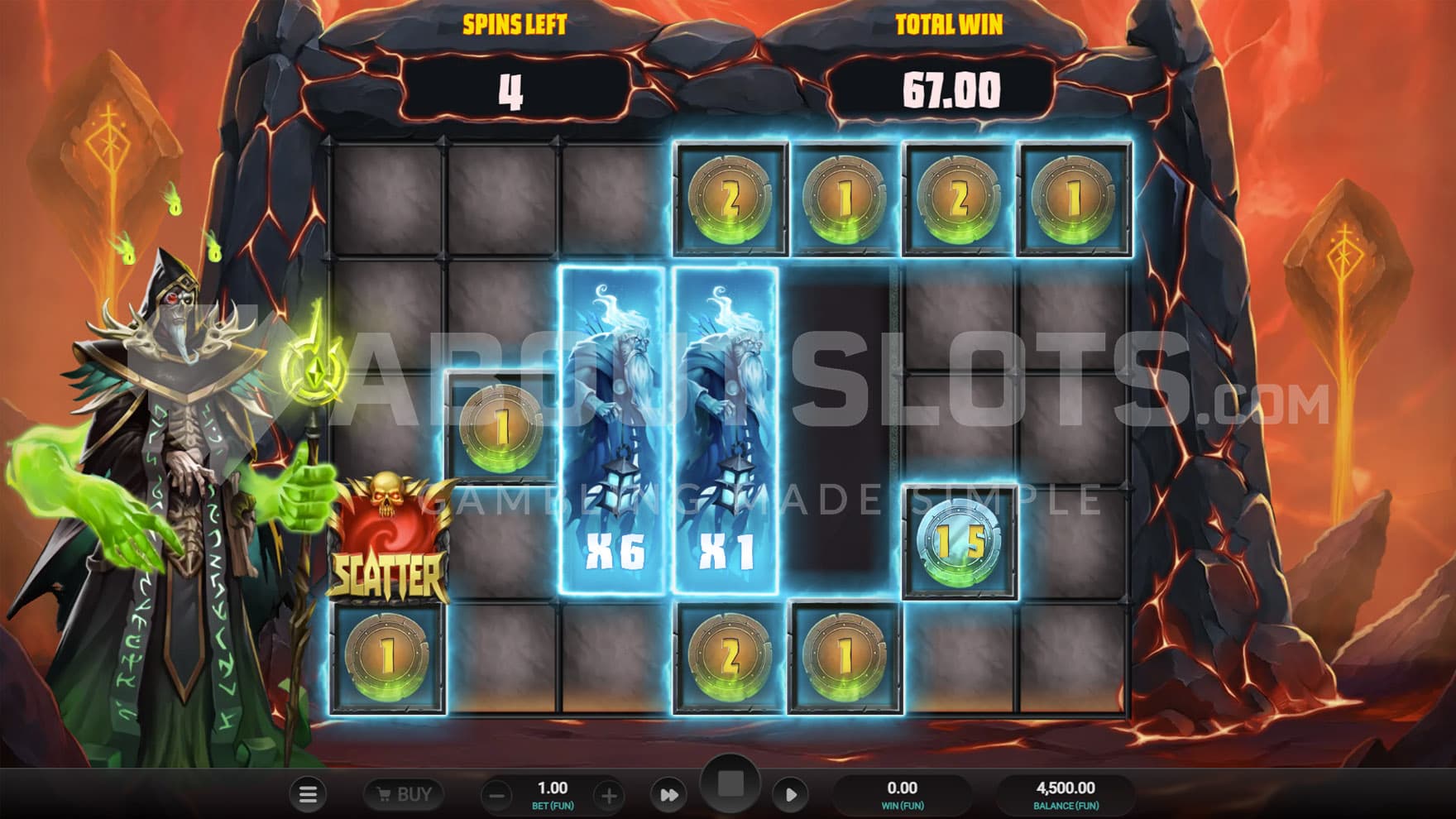 Chaos Spins bonus in progress, showing 2 Ghoul Activators in the middle area and multiple Coins on the grid.