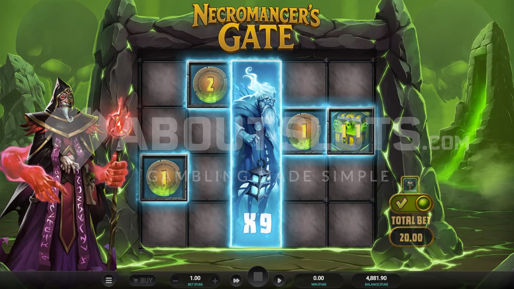 Mystery Respin feature triggered in the base game, showing a Ghoul Activator with an x9 multiplier and several Coins with cash prizes.