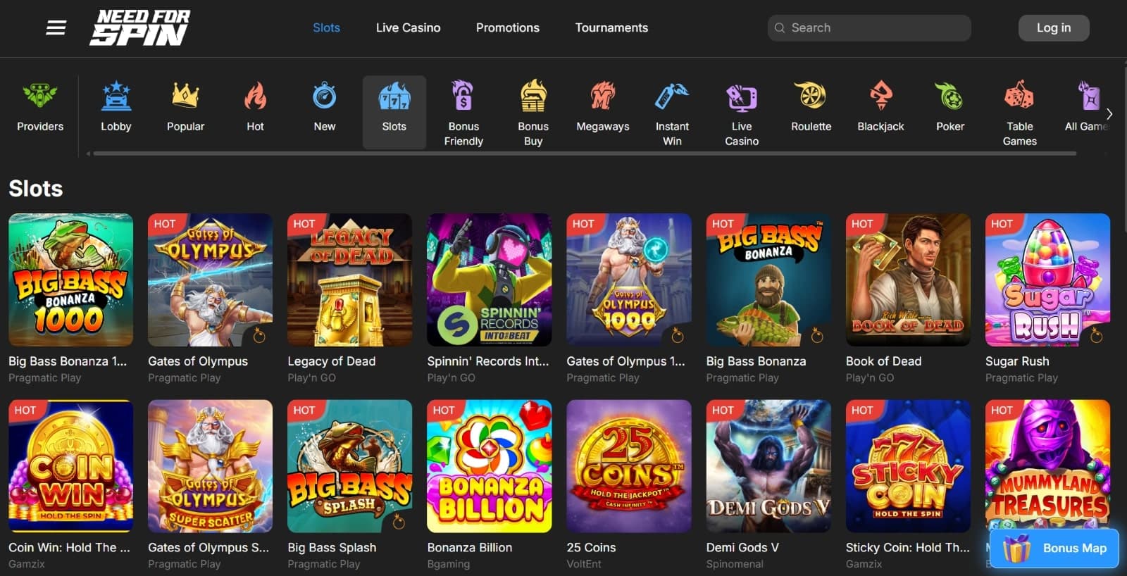 Need for Spin Casino games page listing slot titles such as Big Bass Bonanza, Book of Dead and Legacy of Dead