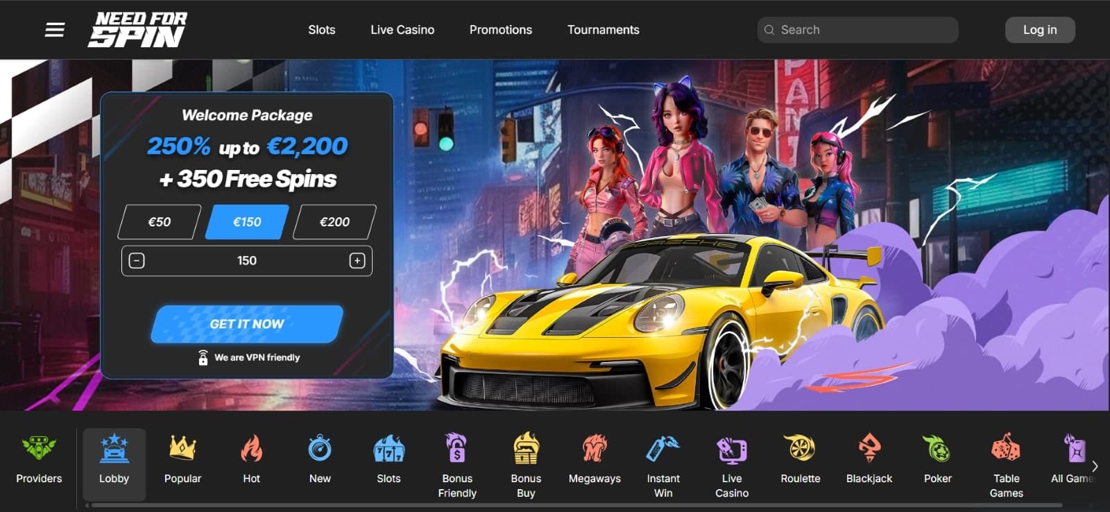 Need for Spin Casino landing page with the Pay n Play registration option, welcome package of 2,200 euros and 350 free spins