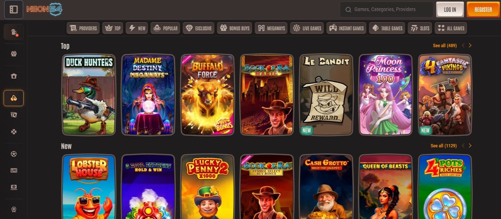 Neon54 Casino games page featuring the top games such as Duck Hunters and Buffalo Force