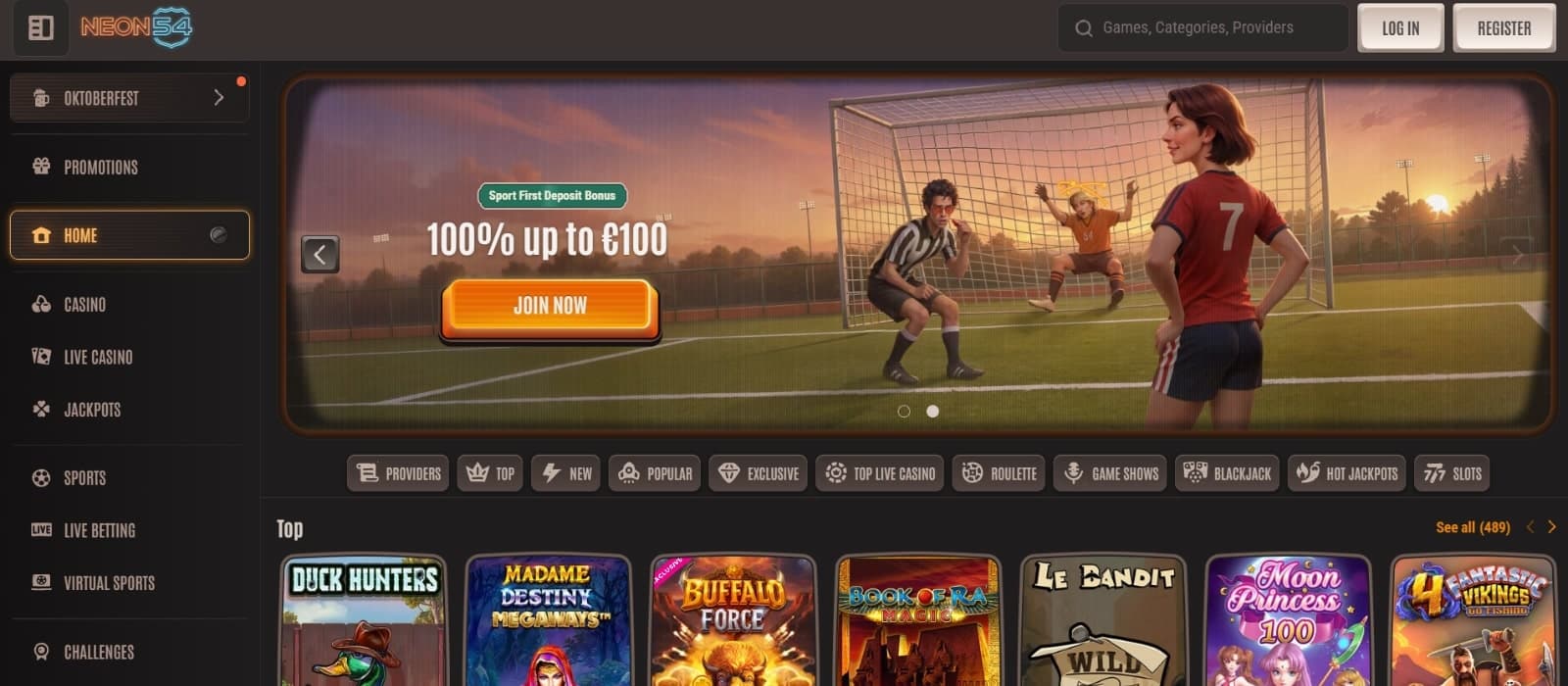 Neon54 Casino landing page featuring the 100% up to 100 euros sports bonus with the three characters playing football