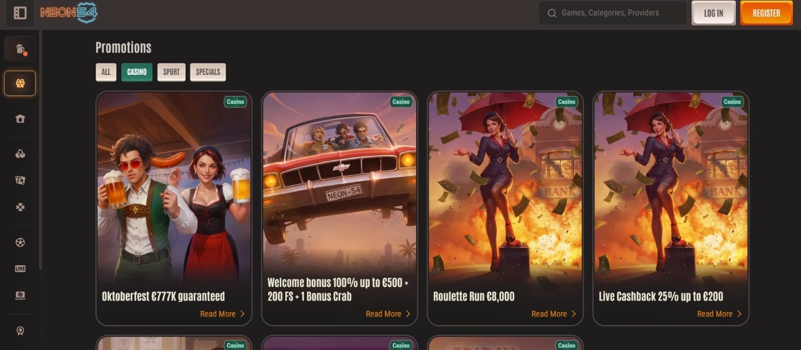 Neon54 Casino promotions page featuring the Oktoberfest promotions, Welcome bonus, roulette run, live cashback and reload bonuses