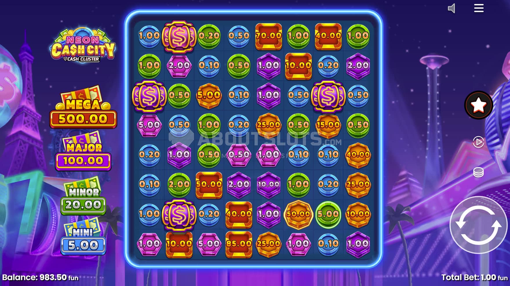 Screenshot of the base game, showing a 8x8 grid populated with cash symbols on a backdrop of a cartoony Las Vegas.