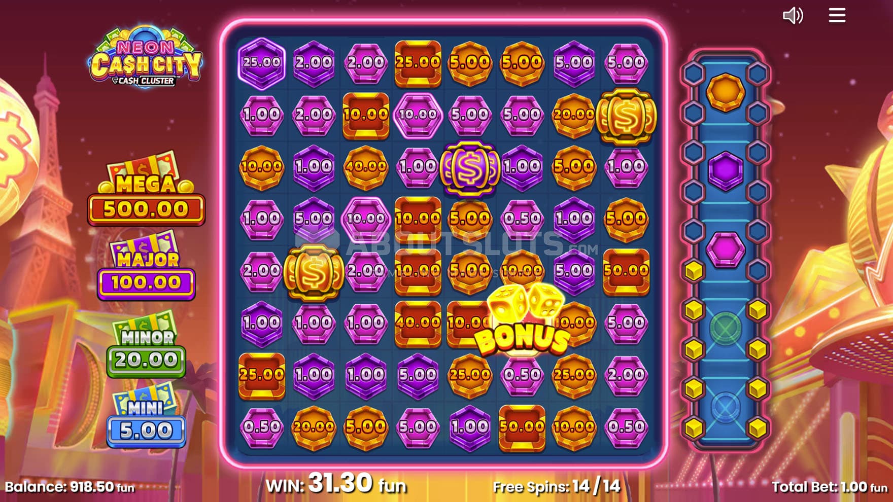 Screenshot of the Free Spins bonus in progress, with two out of five symbols eliminated in the progress bar.