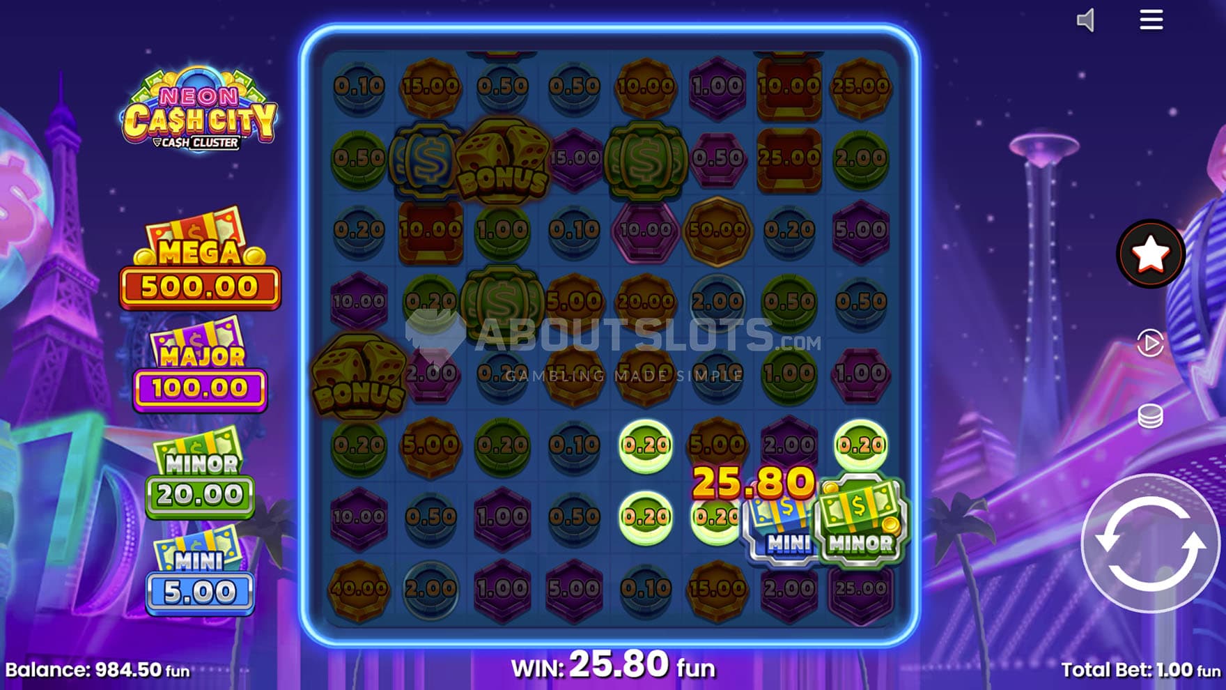 Screeshot of a cluster win achieved in the base game with 2 jackpots.