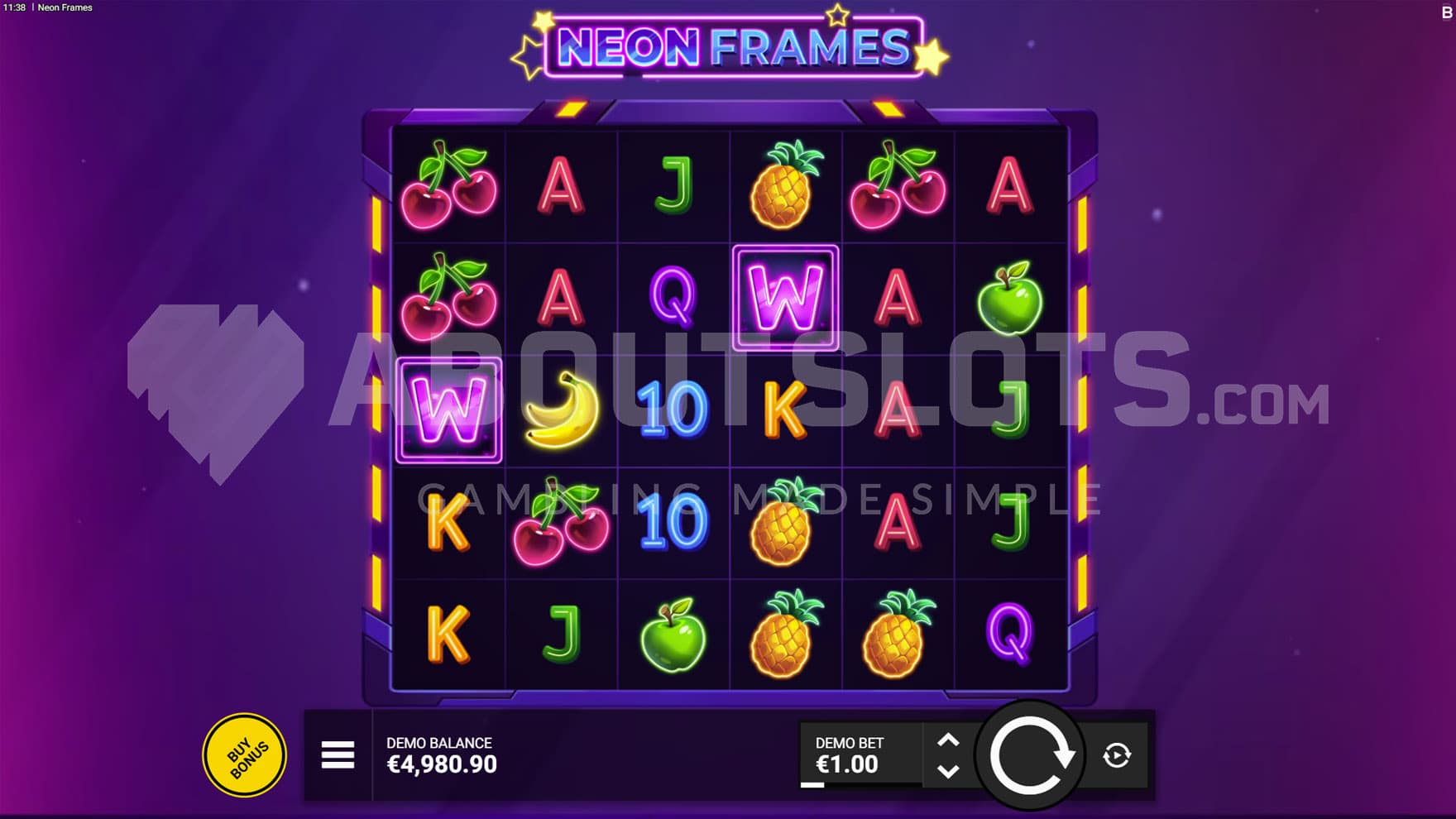 Base Game view of a 6x5 grid populated by classic casino symbols and fruits on a purple backdrop.