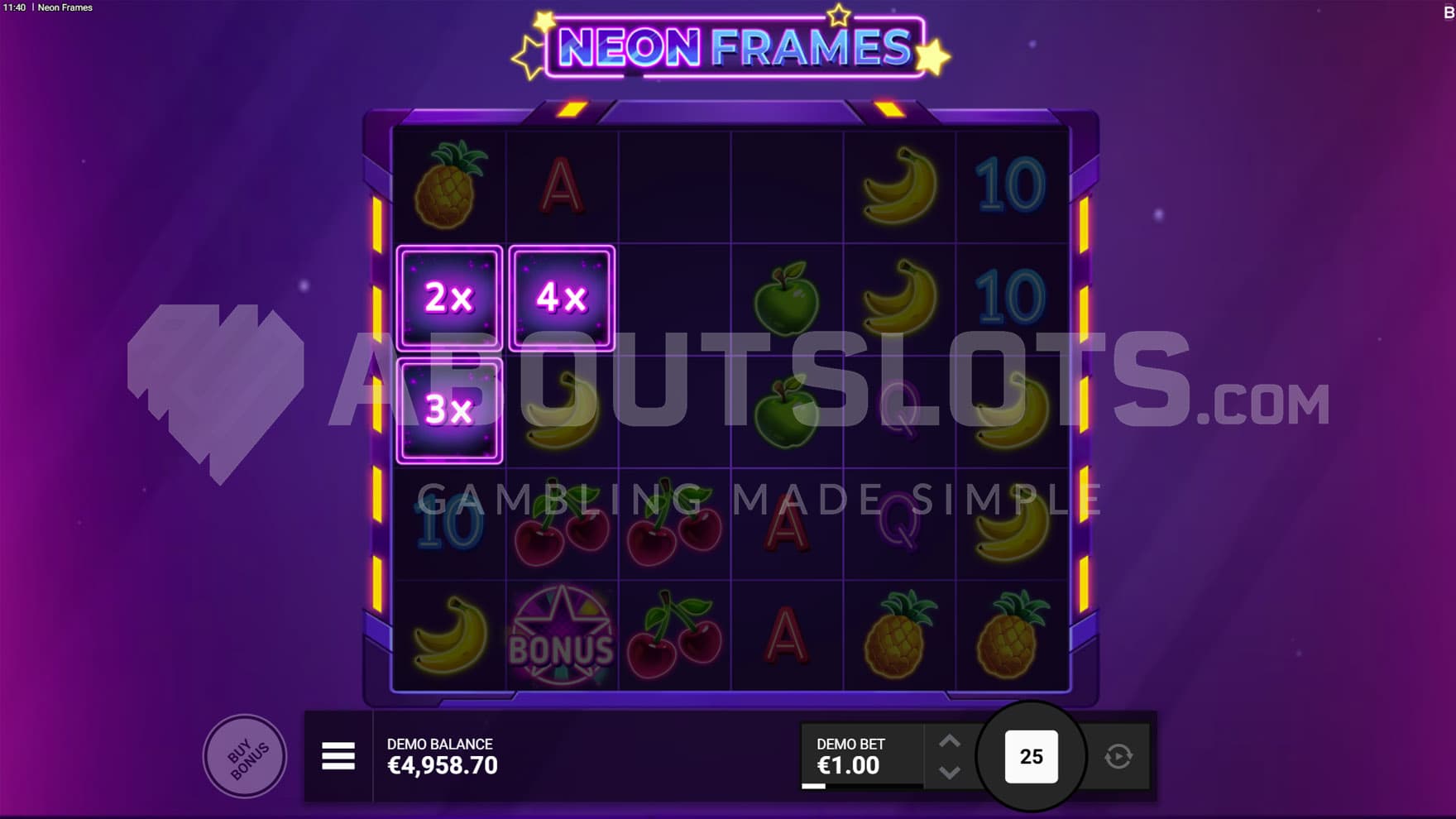 Neon Frames feature triggered in the base game, showing 3 frames with multipliers of 2x, 3x, and 4x.