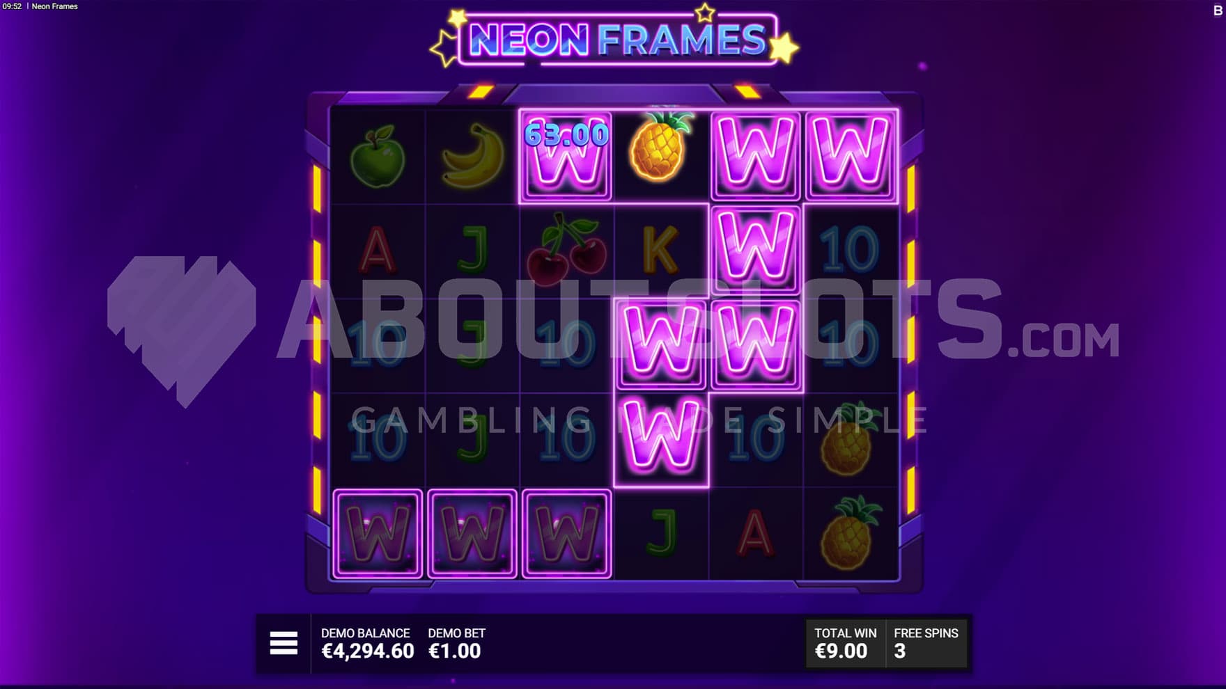 Strawberry Bonanza Bonus in progress, showing multiple Neon Frames being transformed into Wilds.