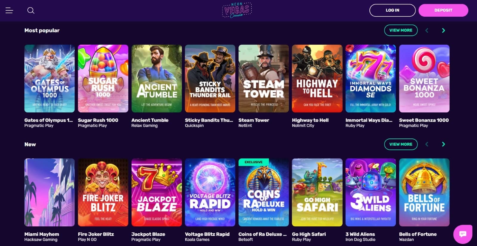 NeonVegas Casino games page listing the most popular slot titles such as Gates of Olympus 1000, Ancient Tumble, and Sweet Bonanza