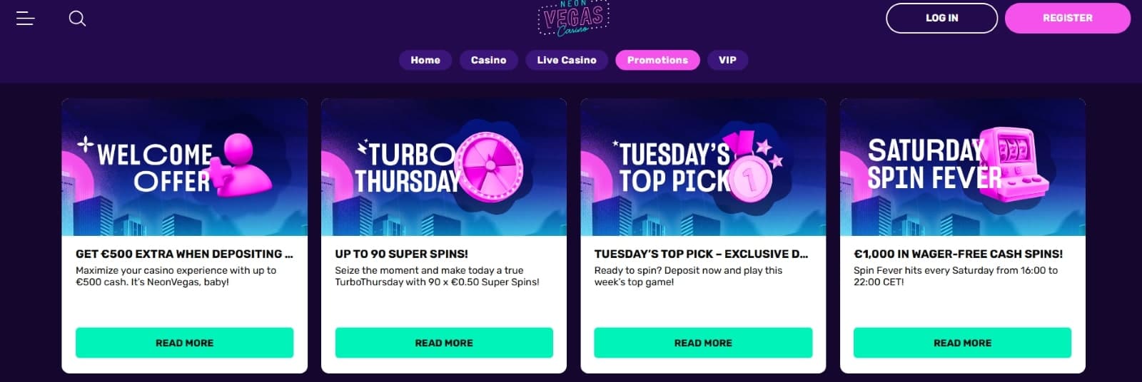 NeonVegas Casino promotions page featuring the welcome offer, Turbo Thursday, Tuesdays Top Picks and Saturday Spin fever promos
