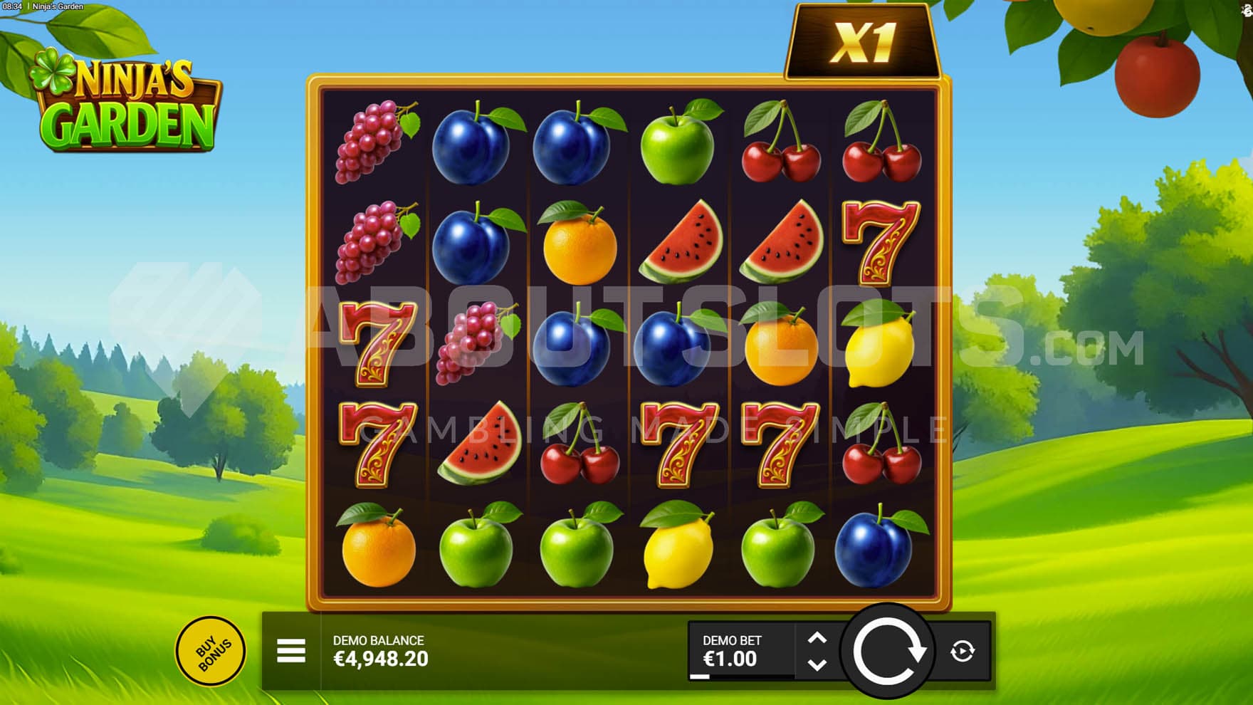 Base Game view of a 6x5 grid on a backdrop of a grassy meadow.