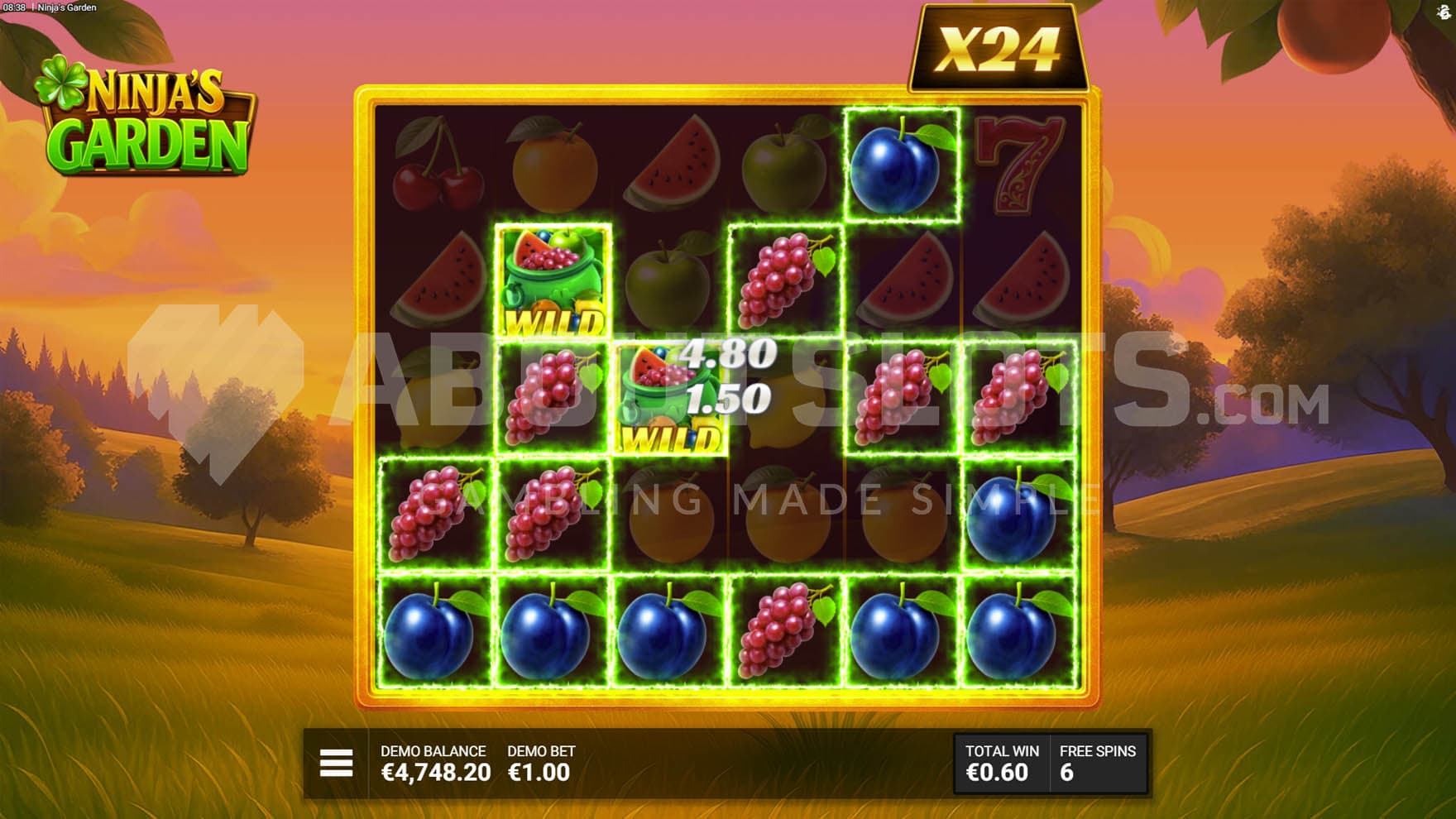 Golden Harvest bonus in progress, showing two winning combinations with Wilds and a global win multiplier increased to x24.