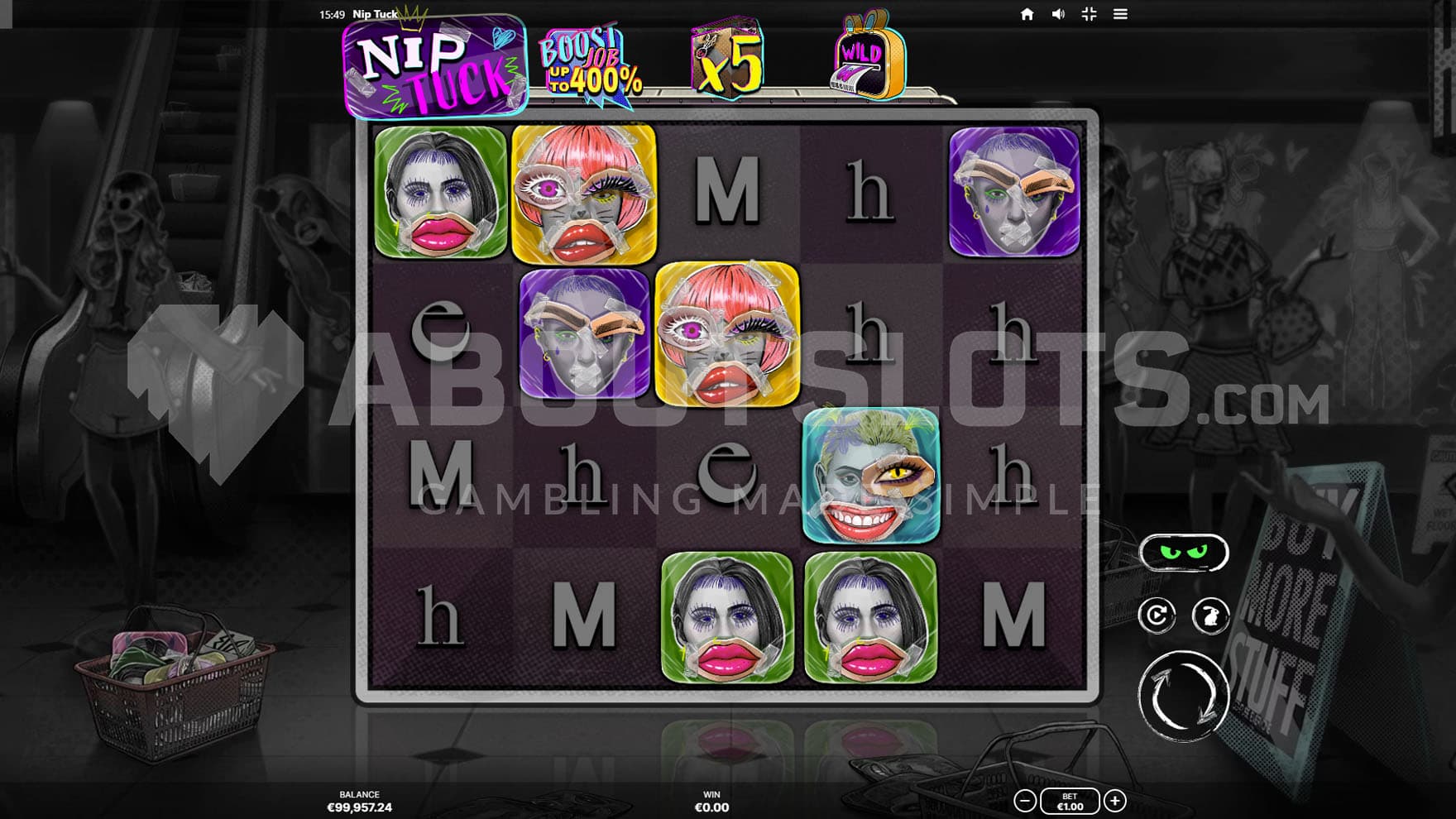 Base Game view of a 5x4 grid on a backdrop of a monochromatic shopping mall.