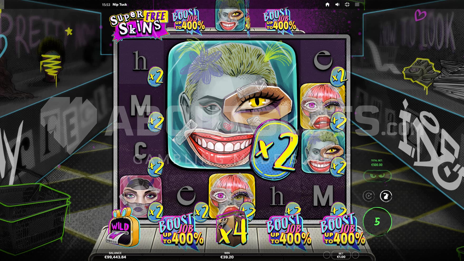 Free Skins bonus in progress, showing a Big Tile with a multiplier triggered.