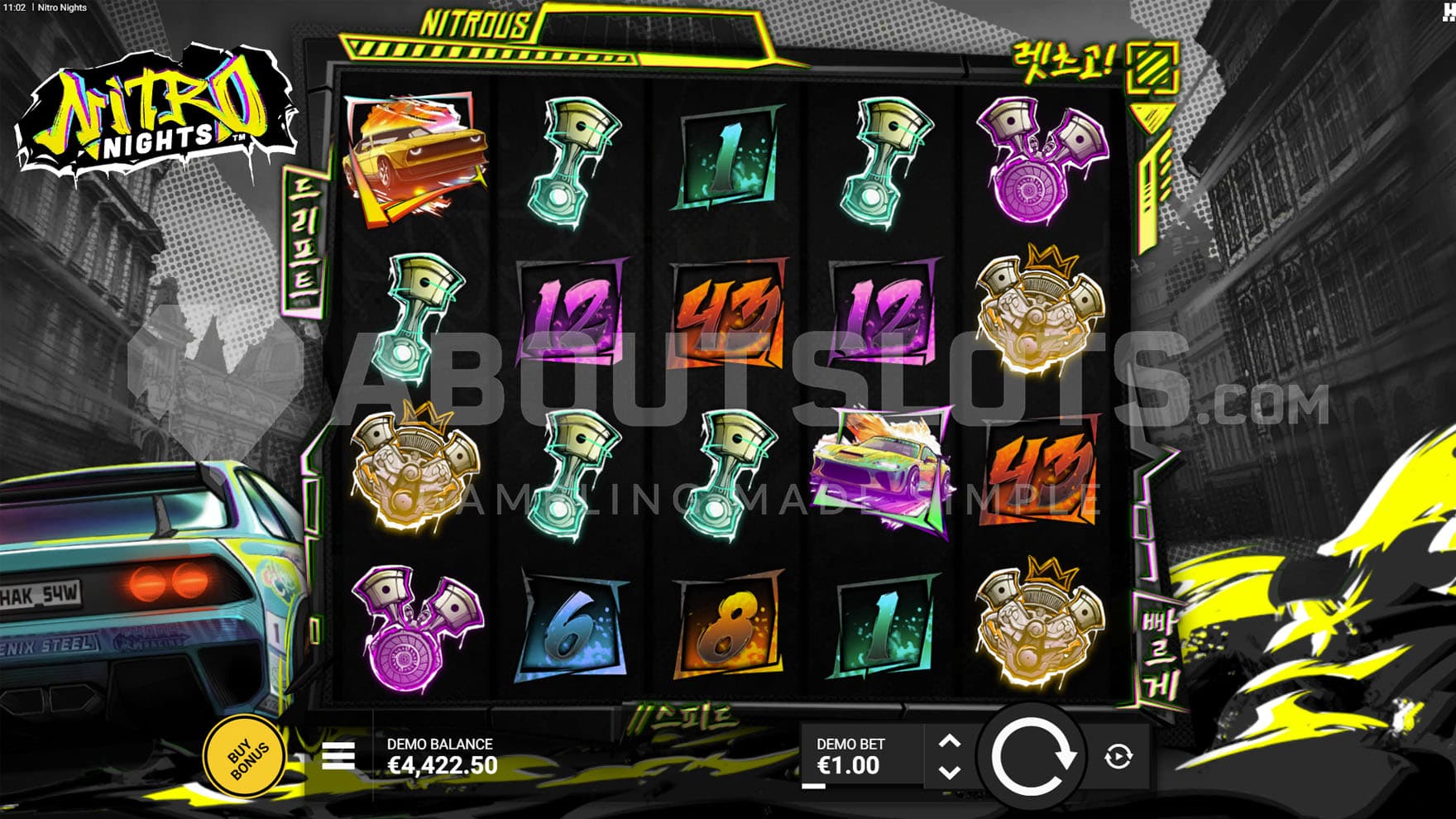 Base Game view of a 5x4 grid on a backdrop of a dark city with a sports car on the left.